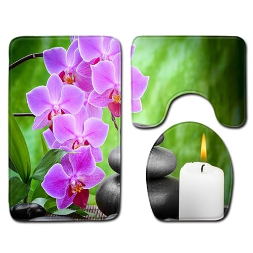 Badezimmerteppich Pink Flower Stone WC Vorleger mit Ausschnitt WC Deckelbezug 3 Teiliges WC Teppich rutschfeste Badgarnitur U förmiger Badematte Waschbar Bad Teppiche Set 50x80 cm von RMJCXYS