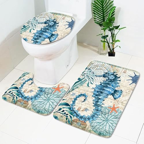 Badezimmerteppich Retro Blaues Seepferdchen WC Vorleger mit Ausschnitt WC Deckelbezug 3 Teiliges WC Teppich rutschfeste Badgarnitur U förmiger Badematte Waschbar Bad Teppiche Set 50x80 cm von RMJCXYS
