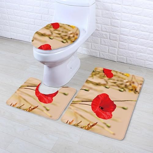 Badezimmerteppich Retro Rote Blume WC Vorleger mit Ausschnitt WC Deckelbezug 3 Teiliges WC Teppich rutschfeste Badgarnitur U förmiger Badematte Waschbar Bad Teppiche Set 50x80 cm von RMJCXYS
