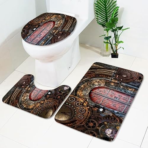 Badezimmerteppich Rot Braun Retro WC Vorleger mit Ausschnitt WC Deckelbezug 3 Teiliges WC Teppich rutschfeste Badgarnitur U förmiger Badematte Waschbar Bad Teppiche Set 50x80 cm von RMJCXYS