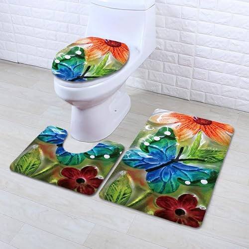 Badezimmerteppich Schmetterlingsblau Abstract WC Vorleger mit Ausschnitt WC Deckelbezug 3 Teiliges WC Teppich rutschfeste Badgarnitur U förmiger Badematte Waschbar Bad Teppiche Set 50x80 cm von RMJCXYS