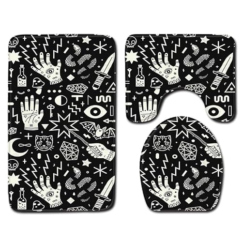 Badezimmerteppich Schwarz Beige Print WC Vorleger mit Ausschnitt WC Deckelbezug 3 Teiliges WC Teppich rutschfeste Badgarnitur U förmiger Badematte Waschbar Bad Teppiche Set 45x75 cm von RMJCXYS