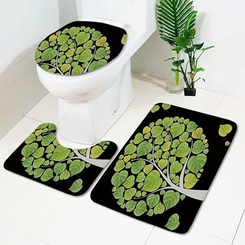Badezimmerteppich Unterbaum Grünen Blätter WC Vorleger mit Ausschnitt WC Deckelbezug 3 Teiliges WC Teppich rutschfeste Badgarnitur U förmiger Badematte Waschbar Bad Teppiche Set 50x80 cm von RMJCXYS