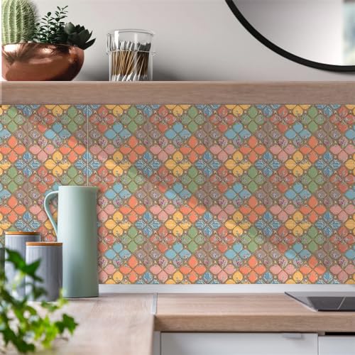 Fliesenaufkleber 10x10cm Bunte Geometrische Blumen Klebefliesen Wasserdicht Mosaikfliesen Fliesenaufkleber Bad Fliesenaufkleber Küche Möbeldekoration Küchenrückwand Selbstklebend (10 Stück) von RMJCXYS
