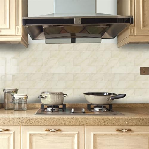 Klebefliesen Beige Marmor Fliesenaufkleber Wasserdicht PVC Selbstklebende Fliesen Möbeldekoration Klebefliesen Bad Reinigungsfreundlich Wandfliesen Selbstkleben 20x10 (48 Stück) von RMJCXYS