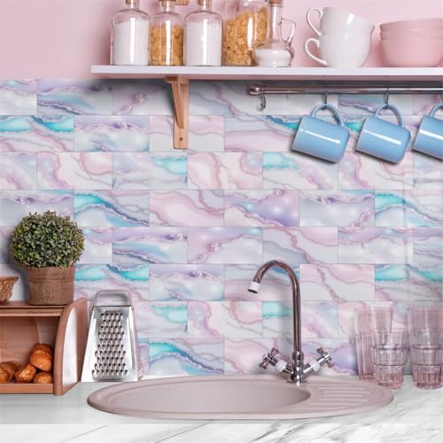 Klebefliesen Elegantes Rosablau Fliesenaufkleber Wasserdicht PVC Selbstklebende Fliesen Möbeldekoration Klebefliesen Bad Reinigungsfreundlich Wandfliesen Selbstkleben 20x10 (48 Stück) von RMJCXYS