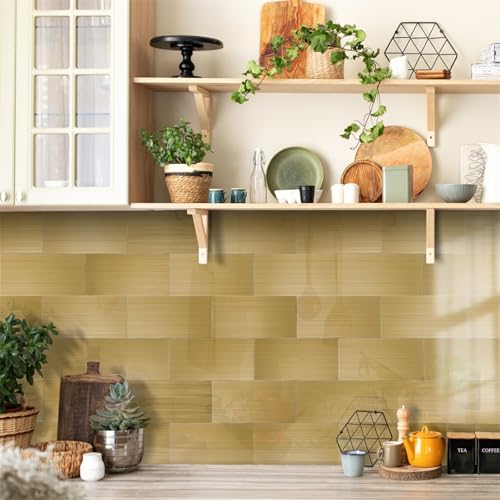 Klebefliesen Gelbes Holzkorn Fliesenaufkleber Wasserdicht PVC Selbstklebende Fliesen Möbeldekoration Klebefliesen Bad Reinigungsfreundlich Wandfliesen Selbstkleben 20x10 (48 Stück) von RMJCXYS