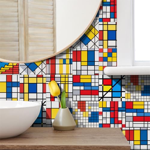 Klebefliesen Geometrisches Rotblau Fliesenaufkleber Wasserdicht PVC Selbstklebende Fliesen Möbeldekoration Klebefliesen Bad Reinigungsfreundlich Wandfliesen Selbstkleben 20x20 (24 Stück) von RMJCXYS
