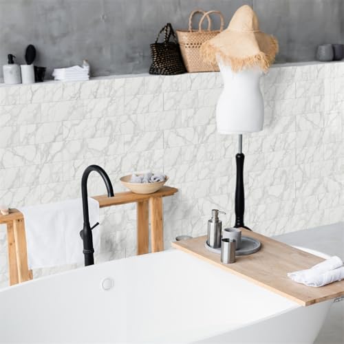 Klebefliesen Grau Beige Marmor Fliesenaufkleber Wasserdicht PVC Selbstklebende Fliesen Möbeldekoration Klebefliesen Bad Reinigungsfreundlich Wandfliesen Selbstkleben 20x10 (48 Stück) von RMJCXYS