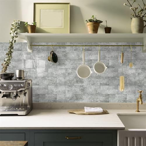 Klebefliesen Grauer Marmor Fliesenaufkleber Wasserdicht PVC Selbstklebende Fliesen Möbeldekoration Klebefliesen Bad Reinigungsfreundlich Wandfliesen Selbstkleben 20x10 (48 Stück) von RMJCXYS