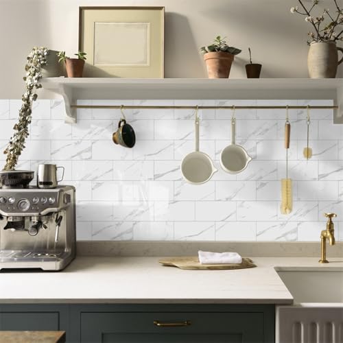 Klebefliesen Grauer Weißer Marmor Fliesenaufkleber Wasserdicht PVC Selbstklebende Fliesen Möbeldekoration Klebefliesen Bad Reinigungsfreundlich Wandfliesen Selbstkleben 20x10 (48 Stück) von RMJCXYS