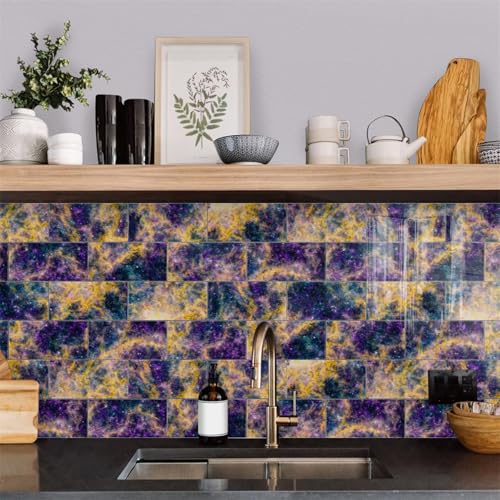 Klebefliesen Marmor Gelb Lila Fliesenaufkleber Wasserdicht PVC Selbstklebende Fliesen Möbeldekoration Klebefliesen Bad Reinigungsfreundlich Wandfliesen Selbstkleben 20x10 (48 Stück) von RMJCXYS
