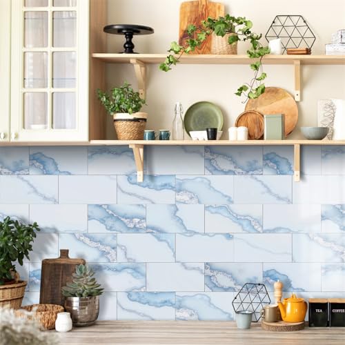 Klebefliesen Marmorblau Weiß Fliesenaufkleber Wasserdicht PVC Selbstklebende Fliesen Möbeldekoration Klebefliesen Bad Reinigungsfreundlich Wandfliesen Selbstkleben 20x10 (48 Stück) von RMJCXYS