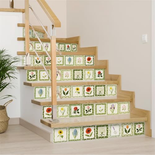 Klebefliesen Pflanze Grün Lila Fliesenaufkleber Wasserdicht PVC Selbstklebende Fliesen Möbeldekoration Klebefliesen Bad Reinigungsfreundlich Wandfliesen Selbstkleben 20x20 (24 Stück) von RMJCXYS