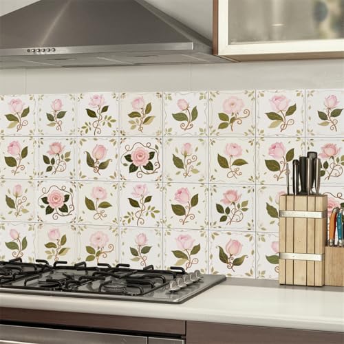 Klebefliesen Rosa Blumenblätter Fliesenaufkleber Wasserdicht PVC Selbstklebende Fliesen Möbeldekoration Klebefliesen Bad Reinigungsfreundlich Wandfliesen Selbstkleben 20x20 (24 Stück) von RMJCXYS