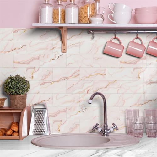 Klebefliesen Rosagold Marmor Fliesenaufkleber Wasserdicht PVC Selbstklebende Fliesen Möbeldekoration Klebefliesen Bad Reinigungsfreundlich Wandfliesen Selbstkleben 20x10 (48 Stück) von RMJCXYS