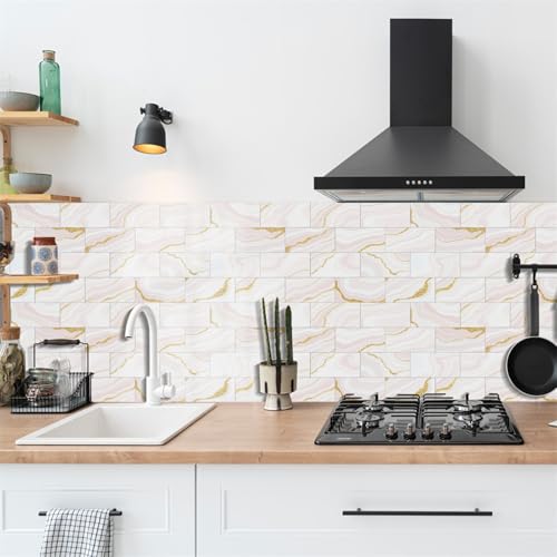 Klebefliesen Rosagold Marmor Fliesenaufkleber Wasserdicht PVC Selbstklebende Fliesen Möbeldekoration Klebefliesen Bad Reinigungsfreundlich Wandfliesen Selbstkleben 20x10 (48 Stück) von RMJCXYS