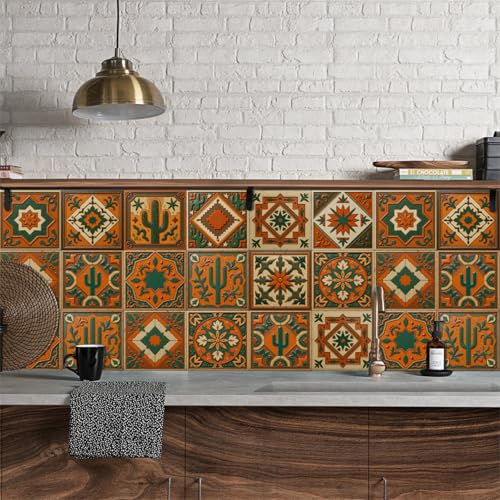 Klebefolie Fliesen Pflanzen Grün Orange Selbstklebende Fliesen PVC Entfernbare Wandverzierung Wohnzimmer Küchen Deko Küchenrückwand Wasserdicht Klebefliesen Bad 15x15 (24 Stück) von RMJCXYS