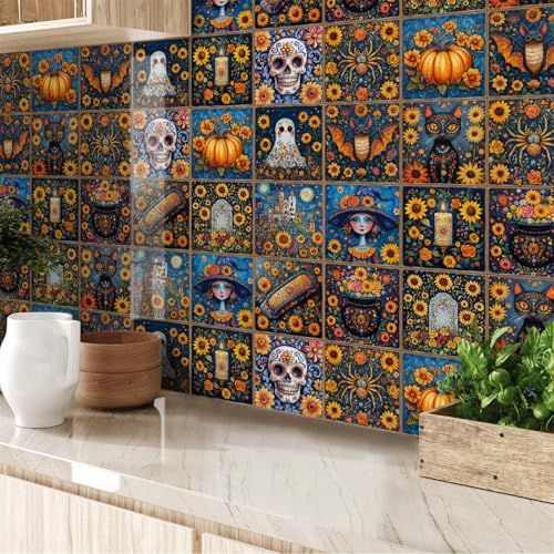 Klebefolie Fliesen Sonnenblumen Orange Spinne Selbstklebende Fliesen PVC Entfernbare Wandverzierung Wohnzimmer Küchen Deko Küchenrückwand Wasserdicht Klebefliesen Bad 15x15 (24 Stück) von RMJCXYS