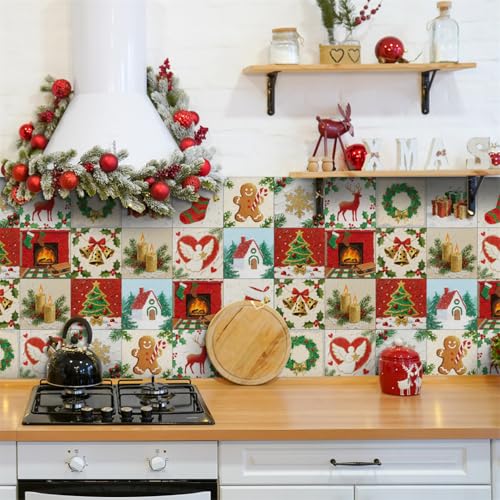 Klebefolie Fliesen Weihnachten Gold Grün Selbstklebende Fliesen PVC Entfernbare Wandverzierung Wohnzimmer Küchen Deko Küchenrückwand Wasserdicht Klebefliesen Bad 15x15 (24 Stück) von RMJCXYS