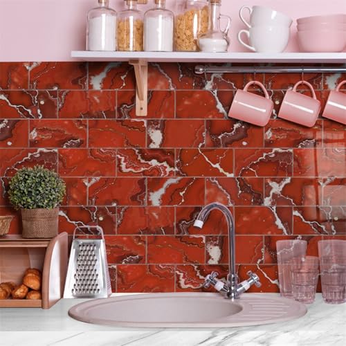 Mosaikfliesen Eleganter Rot Marmor Klebefliesen Küche Bad Wasserabweisend Abriebfest PVC Fliesensticker Easy to Install Tile Sticker Kamin Fliesenaufkleber 20x10 (16 Stück) von RMJCXYS