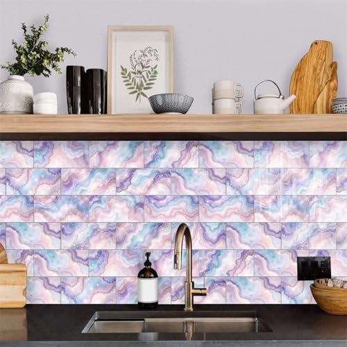 Mosaikfliesen Elegantes Lila Rosa Klebefliesen Küche Bad Wasserabweisend Abriebfest PVC Fliesensticker Easy to Install Tile Sticker Kamin Fliesenaufkleber 20x10 (16 Stück) von RMJCXYS
