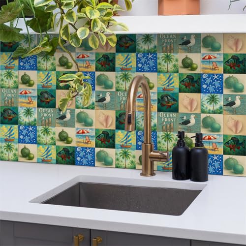 Mosaikfliesen Fisch Grün Baum Klebefliesen Küche Bad Wasserabweisend Abriebfest PVC Fliesensticker Easy to Install Tile Sticker Kamin Fliesenaufkleber 10x10 (24 Stück) von RMJCXYS