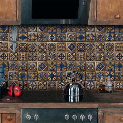 Mosaikfliesen Gelbe Blaue Blumen Klebefliesen Küche Bad Wasserabweisend Abriebfest PVC Fliesensticker Easy to Install Tile Sticker Kamin Fliesenaufkleber 10x10 (24 Stück) von RMJCXYS