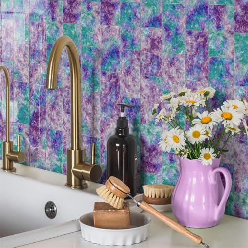 Mosaikfliesen Grün Lila Marmor Klebefliesen Küche Bad Wasserabweisend Abriebfest PVC Fliesensticker Easy to Install Tile Sticker Kamin Fliesenaufkleber 20x10 (16 Stück) von RMJCXYS