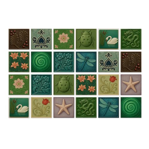 Mosaikfliesen Insekten Grüne Blumen Klebefliesen Küche Bad Wasserabweisend Abriebfest PVC Fliesensticker Easy to Install Tile Sticker Kamin Fliesenaufkleber 10x10 (24 Stück) von RMJCXYS