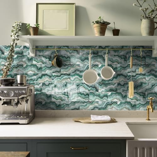 Mosaikfliesen Marmor Grün Grau Klebefliesen Küche Bad Wasserabweisend Abriebfest PVC Fliesensticker Easy to Install Tile Sticker Kamin Fliesenaufkleber 20x10 (16 Stück) von RMJCXYS