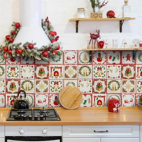 Mosaikfliesen Red Bell Weihnachten Klebefliesen Küche Bad Wasserabweisend Abriebfest PVC Fliesensticker Easy to Install Tile Sticker Kamin Fliesenaufkleber 10x10 (24 Stück) von RMJCXYS