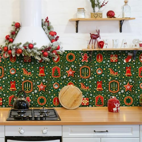 Mosaikfliesen Rote Grüne Weihnachten Klebefliesen Küche Bad Wasserabweisend Abriebfest PVC Fliesensticker Easy to Install Tile Sticker Kamin Fliesenaufkleber 10x10 (24 Stück) von RMJCXYS