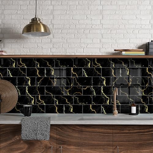 Mosaikfliesen Schwarzer Goldmarmor Klebefliesen Küche Bad Wasserabweisend Abriebfest PVC Fliesensticker Easy to Install Tile Sticker Kamin Fliesenaufkleber 20x10 (16 Stück) von RMJCXYS