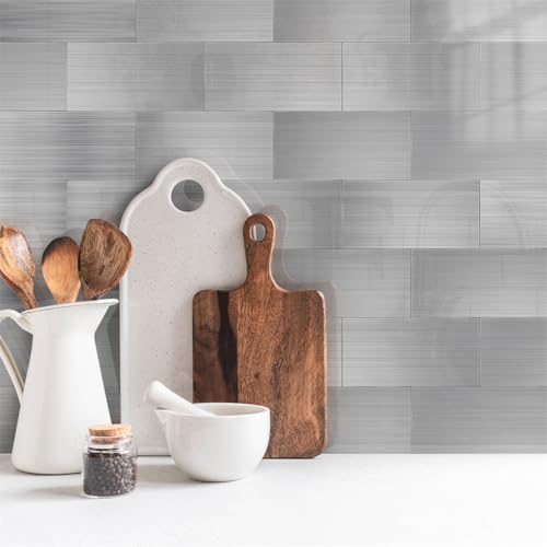 Mosaikfliesen Silber Grau Holzkorn Klebefliesen Küche Bad Wasserabweisend Abriebfest PVC Fliesensticker Easy to Install Tile Sticker Kamin Fliesenaufkleber 20x10 (16 Stück) von RMJCXYS