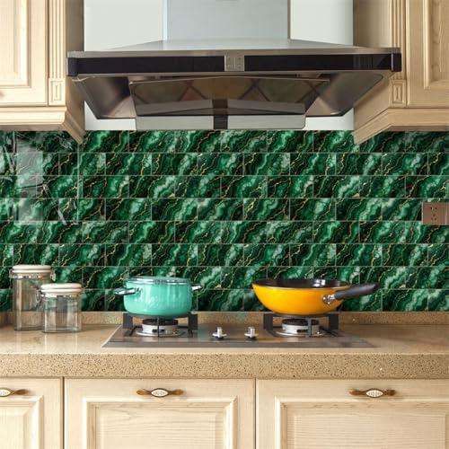 Mosaikfliesen Smaragdgrünes Gold Klebefliesen Küche Bad Wasserabweisend Abriebfest PVC Fliesensticker Easy to Install Tile Sticker Kamin Fliesenaufkleber 20x10 (16 Stück) von RMJCXYS