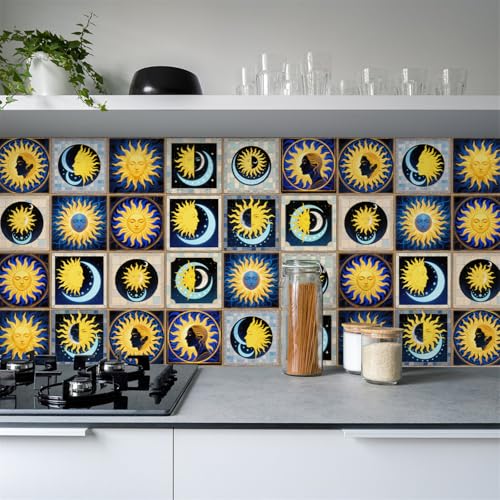 Mosaikfliesen Sonnenblau Gelb Klebefliesen Küche Bad Wasserabweisend Abriebfest PVC Fliesensticker Easy to Install Tile Sticker Kamin Fliesenaufkleber 10x10 (24 Stück) von RMJCXYS