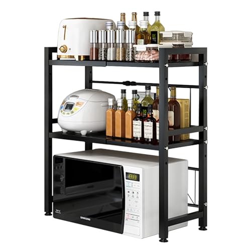 RMNKTHC Mikrowellenregal 2-stufig verstellbar 42-64cm | 75kg Traglast Rostfrei Stahl | Höhenverstellbar Küchenregal mit Haken(Schwarz) von RMNKTHC