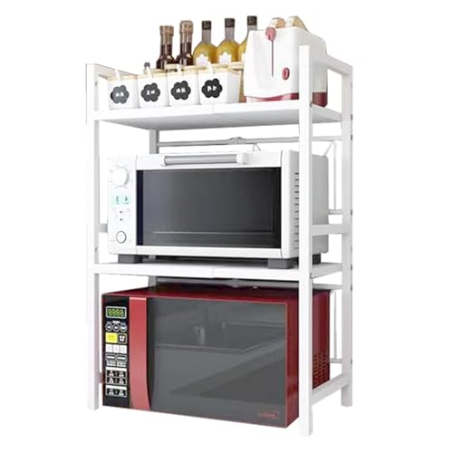 RMNKTHC Mikrowellenregal 2-stufig verstellbar 42-64cm | 75kg Traglast Rostfrei Stahl | Höhenverstellbar Küchenregal mit Haken(Weiß) von RMNKTHC