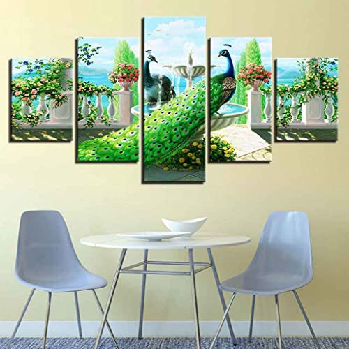 RMVNIE Modern Wandbild Aufhängen Wand Bild Wohnzimmer Wanddekoration 150X80Cm Tier grüner Pfau Vlies Leinwandbild 5 Tlg Kunstdruck Modern Wandbilder Wanddekoration Design von RMVNIE