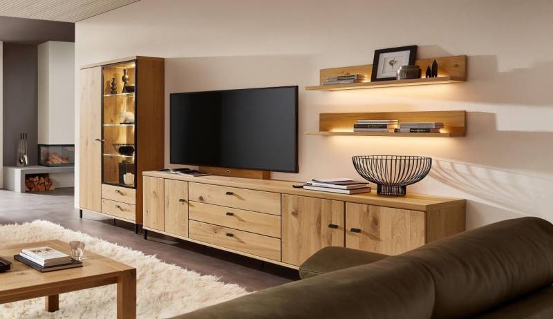 RMW Anbauwand Viva, ca. 360 x 193 x 49 cm in Asteiche massiv mit schwarzen Glas von RMW