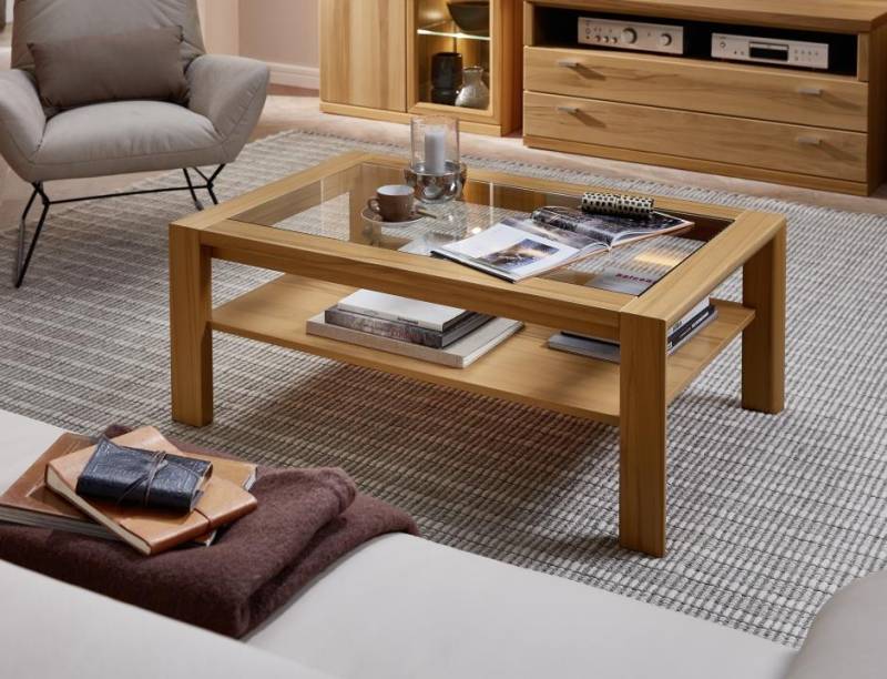 RMW Couchtisch Vermont, ca. 118 x 73 cm in Kernbuche furniert mit Klarglasplatte von RMW