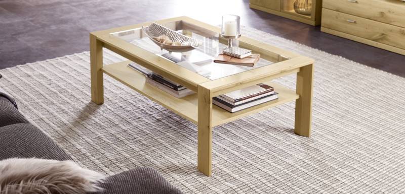 RMW Couchtisch Verona, ca. 118 x 45 x 73 cm mit Klarglasplatte und Gestell in Asteiche von RMW