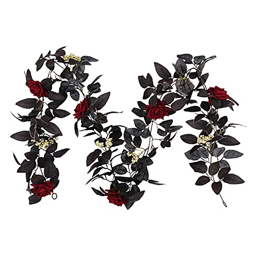 RNCOZE 180 cm große rote Rosenranke, künstliche Rosenranke, hängende Girlande mit goldenen Beeren und schwarzen Blättern, gefälschte Blumen-Wandbehang Ornamente von RNCOZE