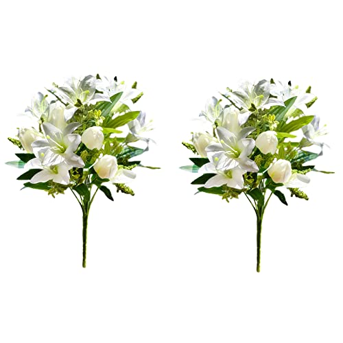 RNCOZE Künstliche Lilienblüten mit grünen Blättern, Frühlingsblumen, Blumenstrauß, Kunstblumen, für Tisch, Zuhause, Garten, Dekoration, Weiß, 2 Stück von RNCOZE