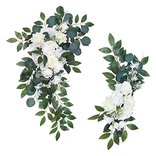 RNCOZE Künstliche Rosen Eukalyptus Hängegirlande, Hochzeitsbogen, Blumen-Set, handgefertigte Hochzeitsblumen für Zeremonie und Empfang, 2 Stück, Weiß, 7.9x19.7 inch+19.7x29.5 inch von RNCOZE