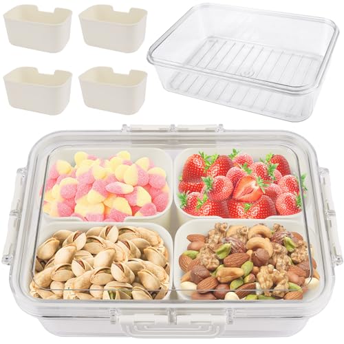 RNHDLY Snackschale mit Deckel, Snackteller mit Fächern, Kunststoff Snackbox Organizer, Snackbox mit Fachern und Deckel für SüßIgkeiten Candy Veggie Keks Nüsse Obst von RNHDLY