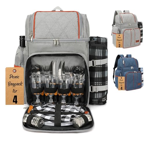 Rnoony Picknickrucksack für Camping, Picknickkorb für 4 Personen mit isolierter Kühltasche und Flaschentasche, Picknicktasche mit leichter Decke und Besteck-Set für Familie, Paare und Wandern von RNOONY