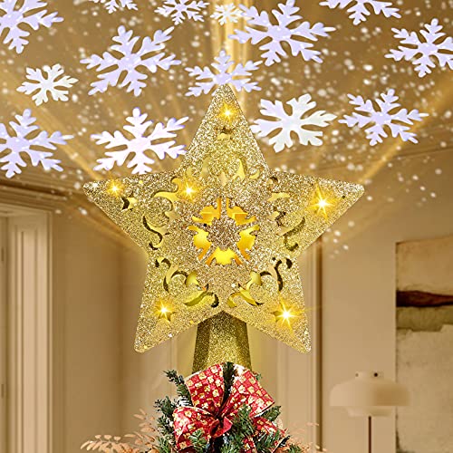 RNSSEZ Weihnachtsbaumspitze Stern, Christbaumspitze Stern mit Drehen Schneeflocke LED Projektor, Weihnachtsbaum Dekoration für Weihnachten, Party, Innendekoration (Gold, Star) von RNSSEZ