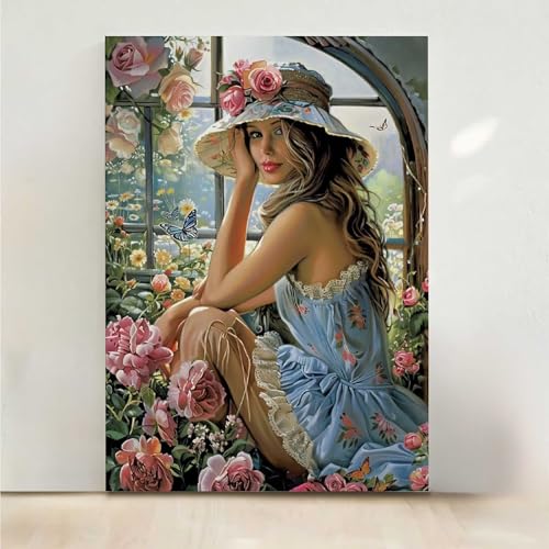 Frau Diamond Painting, 5D Blume Diamond Painting Erwachsene Diamant Malerei DIY Steine Kristall Kunst Bastelnset Erwachsene Anfänger Set, zur Zimmer Wanddeko, Geschenke für Frauen 60x80cm PjY5763 4-P von RNXAOPEN